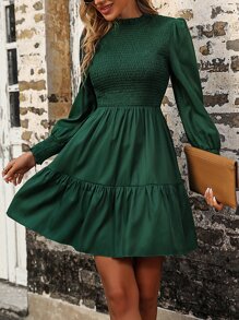 SHEIN Clasi Frill Neck Shirred Lantern Sleeve Ruffle Hem Dress - Dark Green - View 6