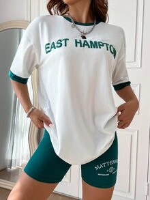 SHEIN Unity Letter Graphic Contrast Trim Drop Shoulder Tee - White - View 3