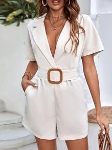 SHEIN Frenchy 西裝領斜口袋腰帶襯衫連體短褲 - 米色 - 查看 3