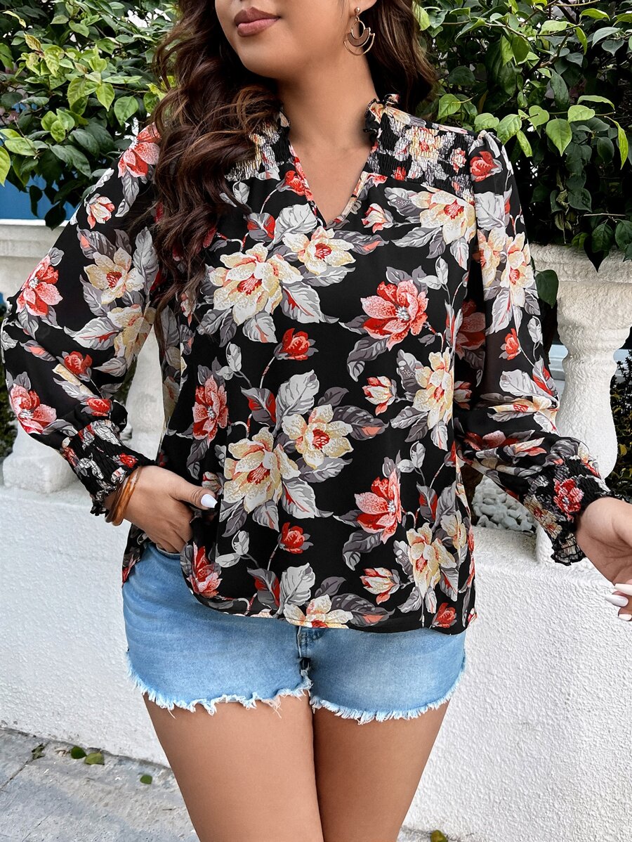 SHEIN LUNE Áo sơ mi Plus Size Dải chun Hoa Tất cả trên in Boho - Nhiều màu - Xem 1