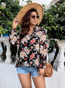 SHEIN LUNE Áo sơ mi Plus Size Dải chun Hoa Tất cả trên in Boho - Nhiều màu - Xem 3