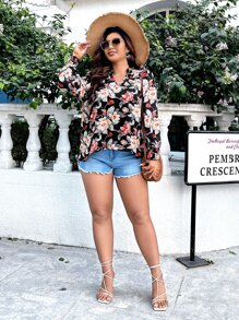 SHEIN LUNE Áo sơ mi Plus Size Dải chun Hoa Tất cả trên in Boho - Nhiều màu - Xem 4