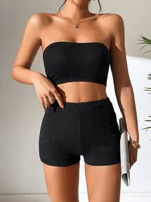 SHEIN PETITE Solid Tube Top & Cycling Shorts - Black - View 3
