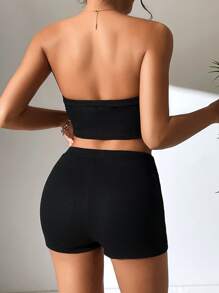 SHEIN PETITE Solid Tube Top & Cycling Shorts - Black - View 2