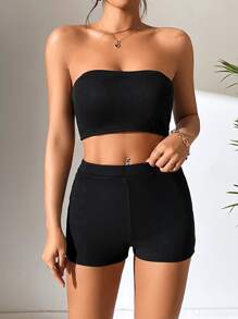 SHEIN PETITE Solid Tube Top & Cycling Shorts - Black - View 4