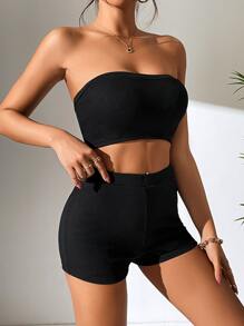 SHEIN PETITE Solid Tube Top & Cycling Shorts - Black - View 5