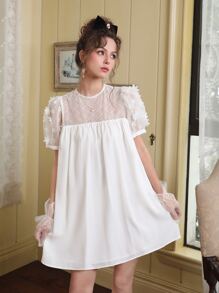 SHEIN MOD Contrast Mesh Puff Sleeve Smock Dress - White - View 2