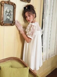 SHEIN MOD Contrast Mesh Puff Sleeve Smock Dress - White - View 6