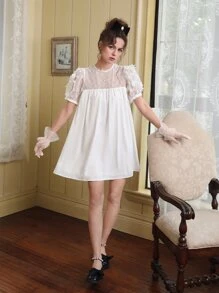 SHEIN MOD Contrast Mesh Puff Sleeve Smock Dress - White - View 4