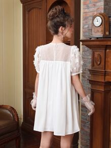 SHEIN MOD Contrast Mesh Puff Sleeve Smock Dress - White - View 5