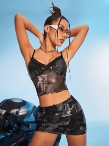 SHEIN ICON Patchwork Print Lettuce Trim Cami Top & Bodycon Skirt - Black - View 5