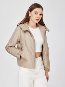 ZIAI Zip Up Hooded Padded Coat For Winter - Beige - View 5
