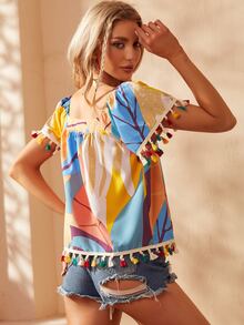 S BETRO Blusa con estampado tropical ribete con fleco - Multicolor - Ver 2