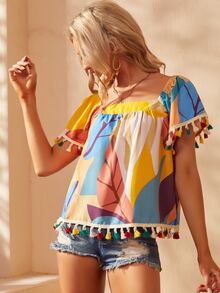 S BETRO Blusa con estampado tropical ribete con fleco - Multicolor - Ver 3