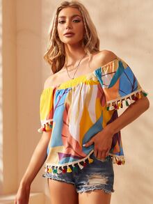 S BETRO Blusa con estampado tropical ribete con fleco - Multicolor - Ver 5