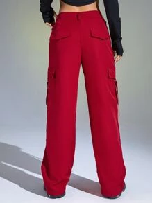 SHEIN ICON 翻蓋口袋工裝褲 - 紅色 - 查看 2
