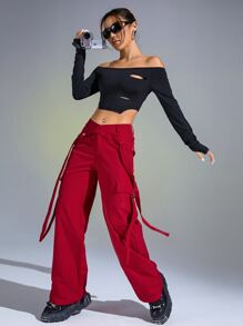 SHEIN ICON 翻蓋口袋工裝褲 - 紅色 - 查看 4