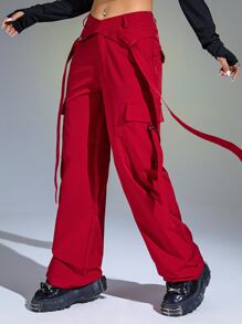 SHEIN ICON 翻蓋口袋工裝褲 - 紅色 - 查看 5