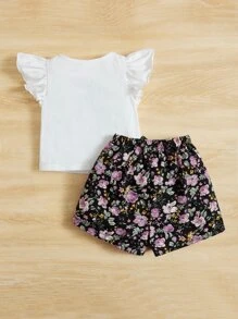 SHEIN 寶寶女孩荷葉邊t恤和花卉印花蝴蝶結前短褲 - 彩色 - 查看 2