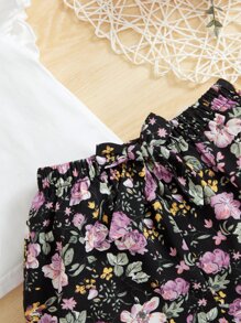 SHEIN 寶寶女孩荷葉邊t恤和花卉印花蝴蝶結前短褲 - 彩色 - 查看 4