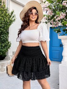 SHEIN Holidaya Plus Swiss Dot Two Layer Hem Chiffon Skirt - Black - View 1