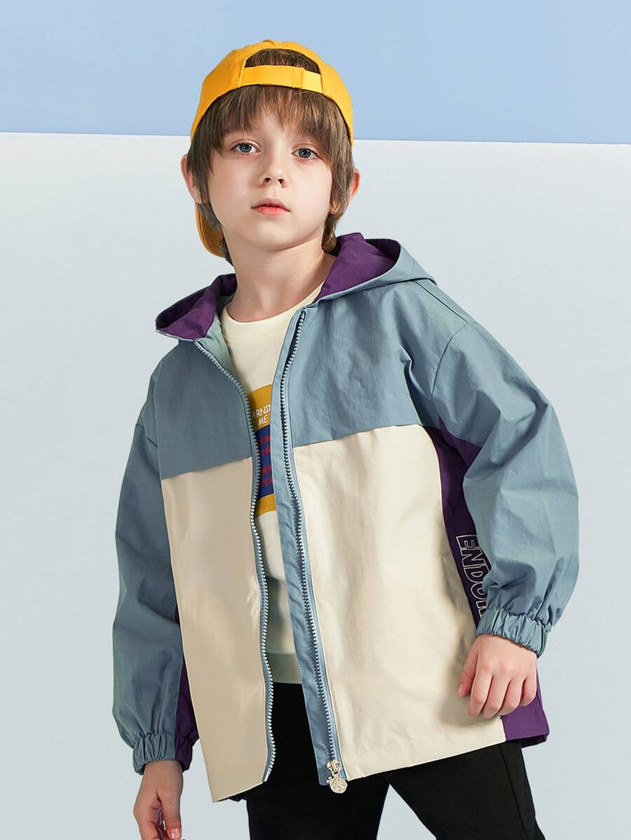 Boys Letter Graphic Colourblock Hooded Coat - Multicolor - View 1
