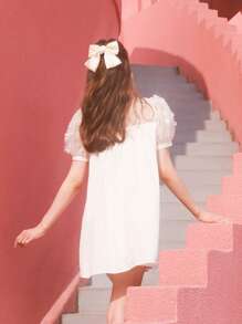 SHEIN MOD Contrast Mesh Puff Sleeve Smock Dress - White - View 7