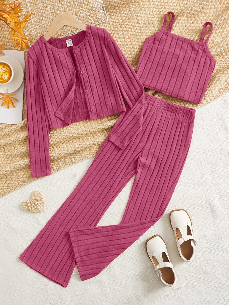 SHEIN Leap Crew Cô gái Tween Đồ đan Ribbed Cami ngọn & Quần ống loe & áo - Màu đỏ tím - Xem 1