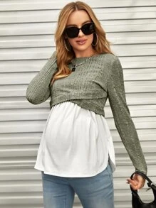 SHEIN 孕婦交叉圍裹假兩件哺乳T恤 - 軍綠色 - 查看 5