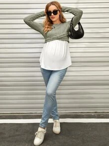 SHEIN 孕婦交叉圍裹假兩件哺乳T恤 - 軍綠色 - 查看 6