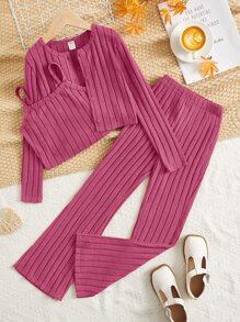 SHEIN Leap Crew Cô gái Tween Đồ đan Ribbed Cami ngọn & Quần ống loe & áo - Màu đỏ tím - Xem 6