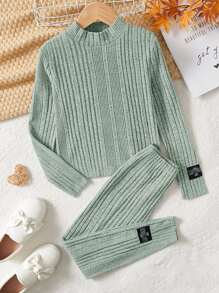 SHEIN Girls Letter Patched Detail Mock Neck Tee & Leggings - Mint Green - View 1