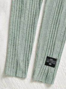 SHEIN Girls Letter Patched Detail Mock Neck Tee & Leggings - Mint Green - View 4