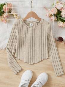 SHEIN 女童實色圓領T卹，荷葉邊和短袖 - 杏色 - 查看 1