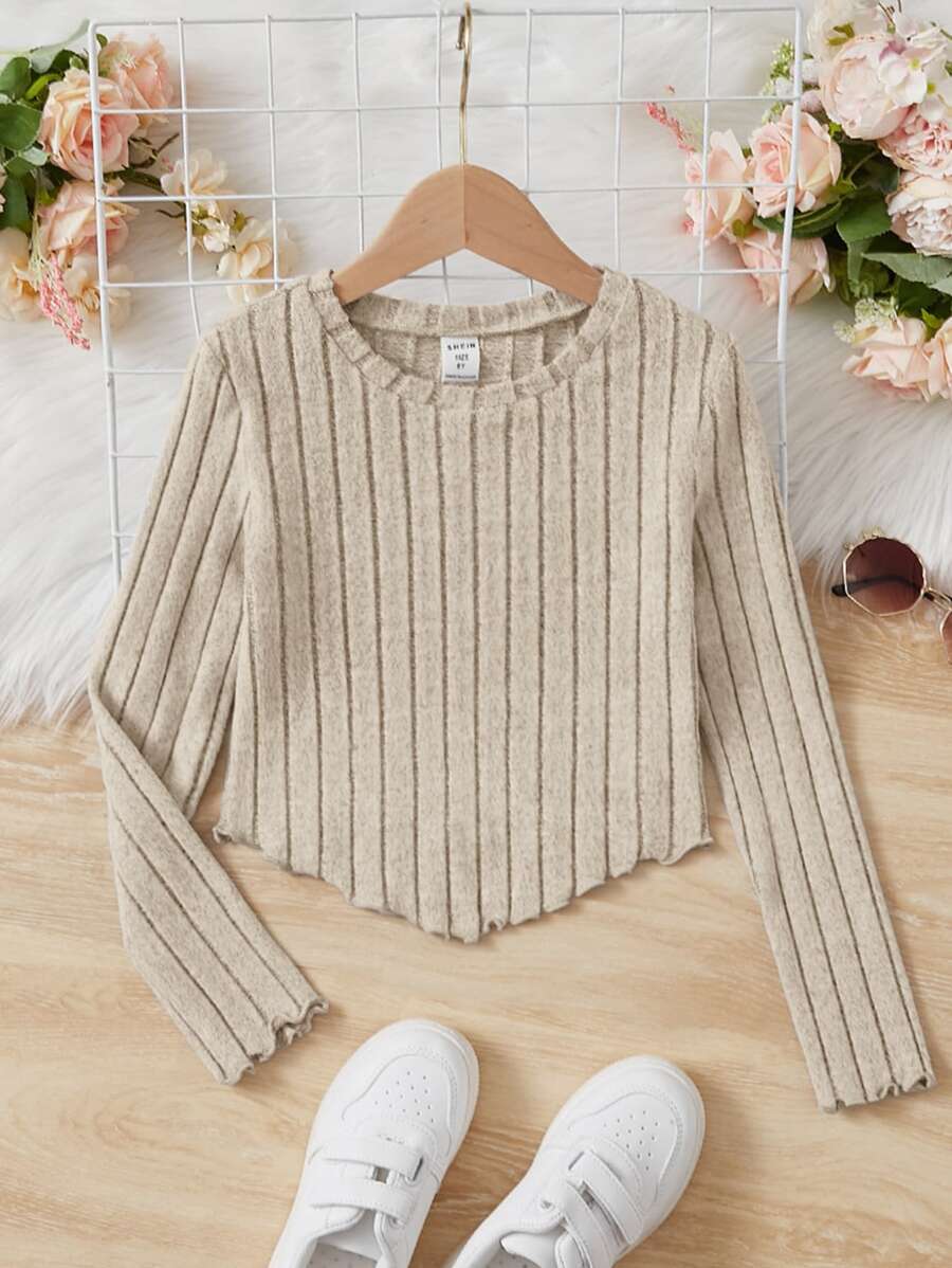 SHEIN 女童實色圓領T卹，荷葉邊和短袖 - 杏色 - 查看 1