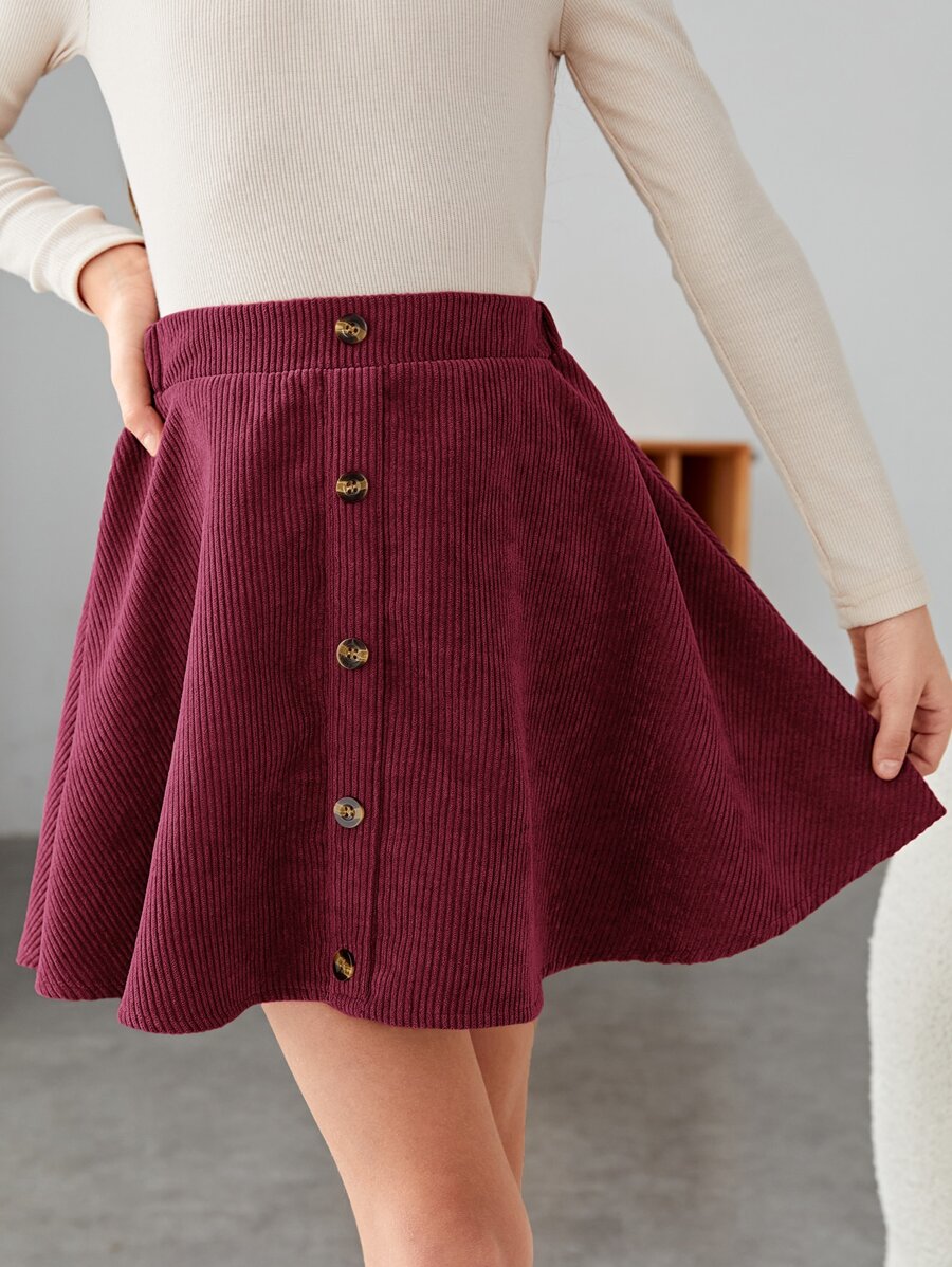 SHEIN Girls Button Front Skirt - Maroon - View 1