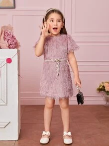 Young Girl 1pc Puff Sleeve Fuzzy Dress Without Belt - Dusty Pink - View 3