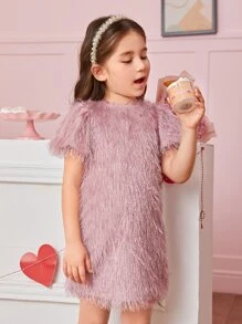 Young Girl 1pc Puff Sleeve Fuzzy Dress Without Belt - Dusty Pink - View 4