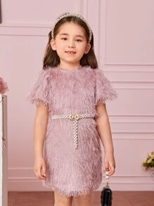 Young Girl 1pc Puff Sleeve Fuzzy Dress Without Belt - Dusty Pink - View 5