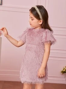 Young Girl 1pc Puff Sleeve Fuzzy Dress Without Belt - Dusty Pink - View 6