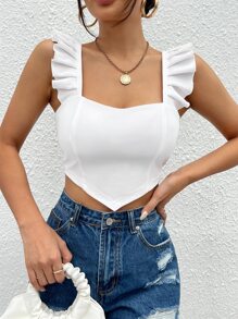 SHEIN Privé Áo hai dây Bất đối xứng Xù màu trơn Giải trí - trắng - Xem 4