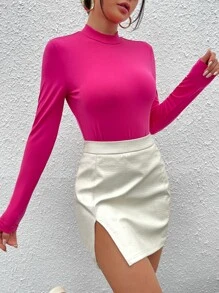 SHEIN BAE Mock Neck Open Back Bodysuit - Hot Pink - View 3