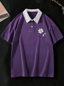 Manfinity Hypemode Loose Fit Men's Floral Pattern Polo Shirt With Contrast Collar - Purple - View 3