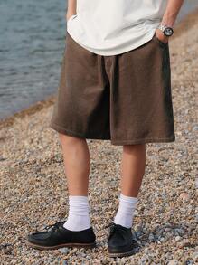 Manfinity Hypemode 男士寬鬆短褲,標語刺繡和側口袋設計 - 咖啡棕 - 查看 2