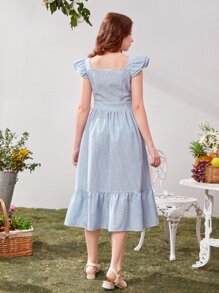 SHEIN Teen Girls Ruffle Trim Button Front Striped Dress - Baby Blue - View 2
