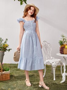 SHEIN Teen Girls Ruffle Trim Button Front Striped Dress - Baby Blue - View 4