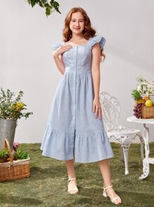SHEIN Teen Girls Ruffle Trim Button Front Striped Dress - Baby Blue - View 1