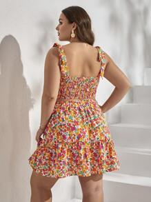 SHEIN VCAY Plus Ditsy Floral Print Tie Shoulder Cami Top & Ruffle Hem Skirt - Multicolor - View 3