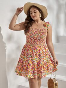 SHEIN VCAY Plus Ditsy Floral Print Tie Shoulder Cami Top & Ruffle Hem Skirt - Multicolor - View 1