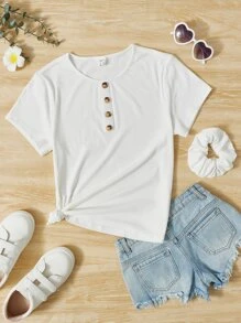 SHEIN Teen Girls Button Front Tee - White - View 1